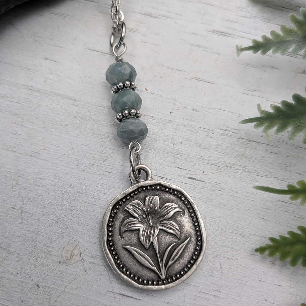 Silver Toned Lily Flower Pendant Necklace with Jade Beads